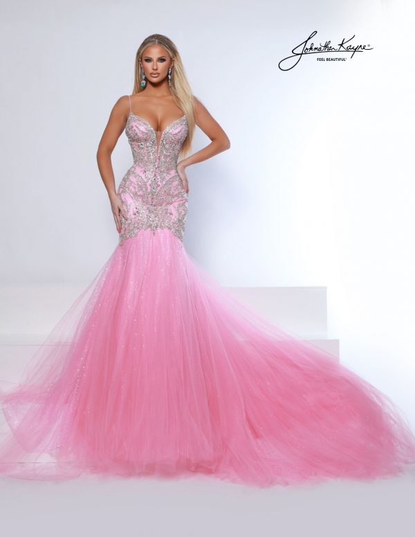 Pink mermaid pageant dress with silver embellishments and flowing mesh train - ideal for pageants, prom, homecoming court, and formal competitions.
